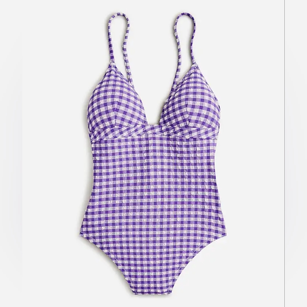 J.Crew plus textured gingham v neck one piece swimsuit, 22, purple/ white